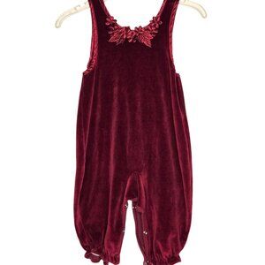 Vintage-Inspired Burgundy Velvet Baby Romper W/ Floral Embroidery & Snap Closure